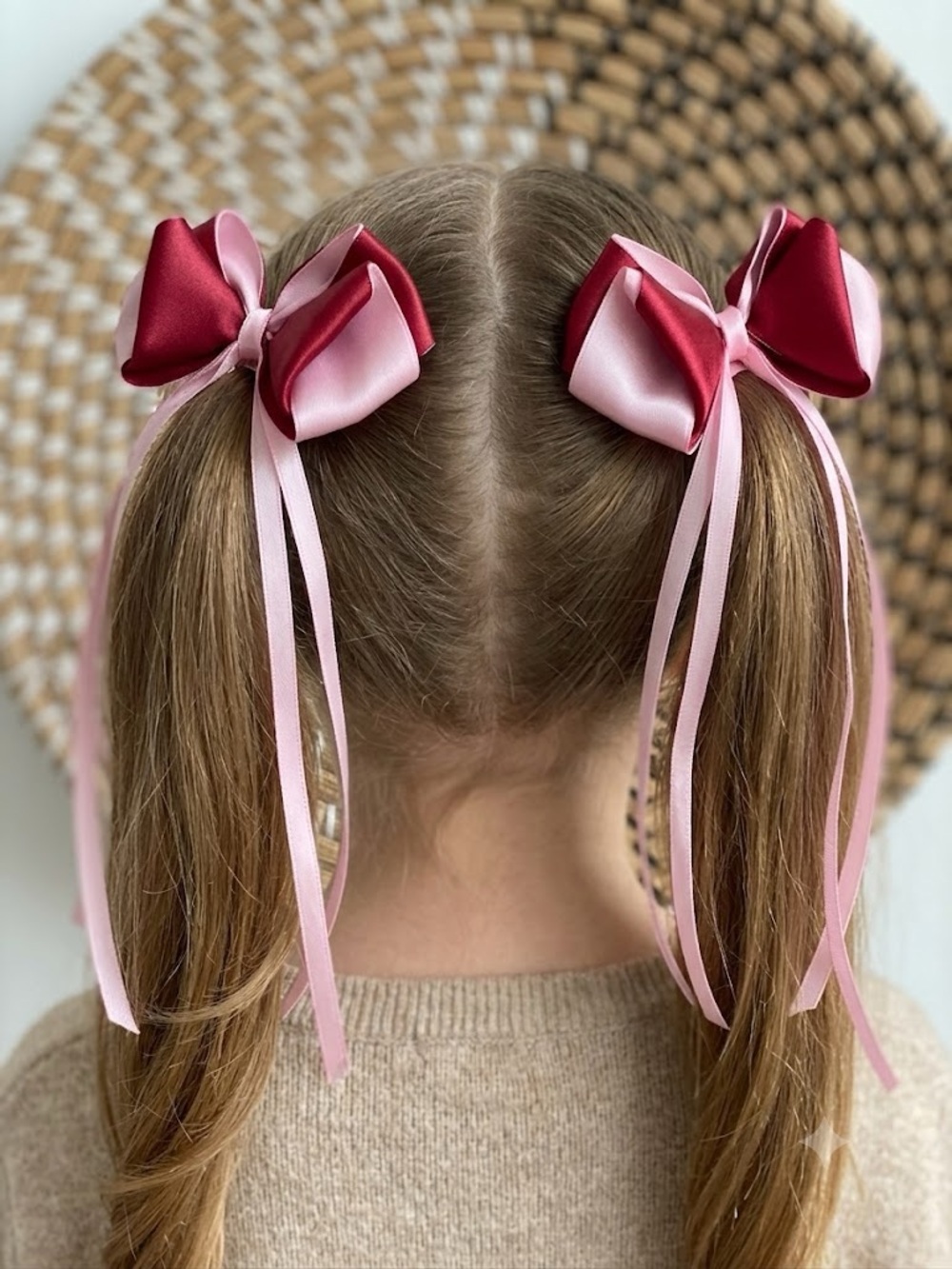 Pink and Burgundy Satin Ribbon Hair Bows with Streamers
